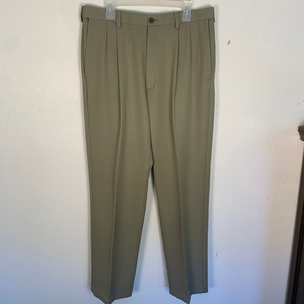 Haggar Cool 18 Pro Mens Dress Pants 36x34 Khaki Flat Front Classic Fit